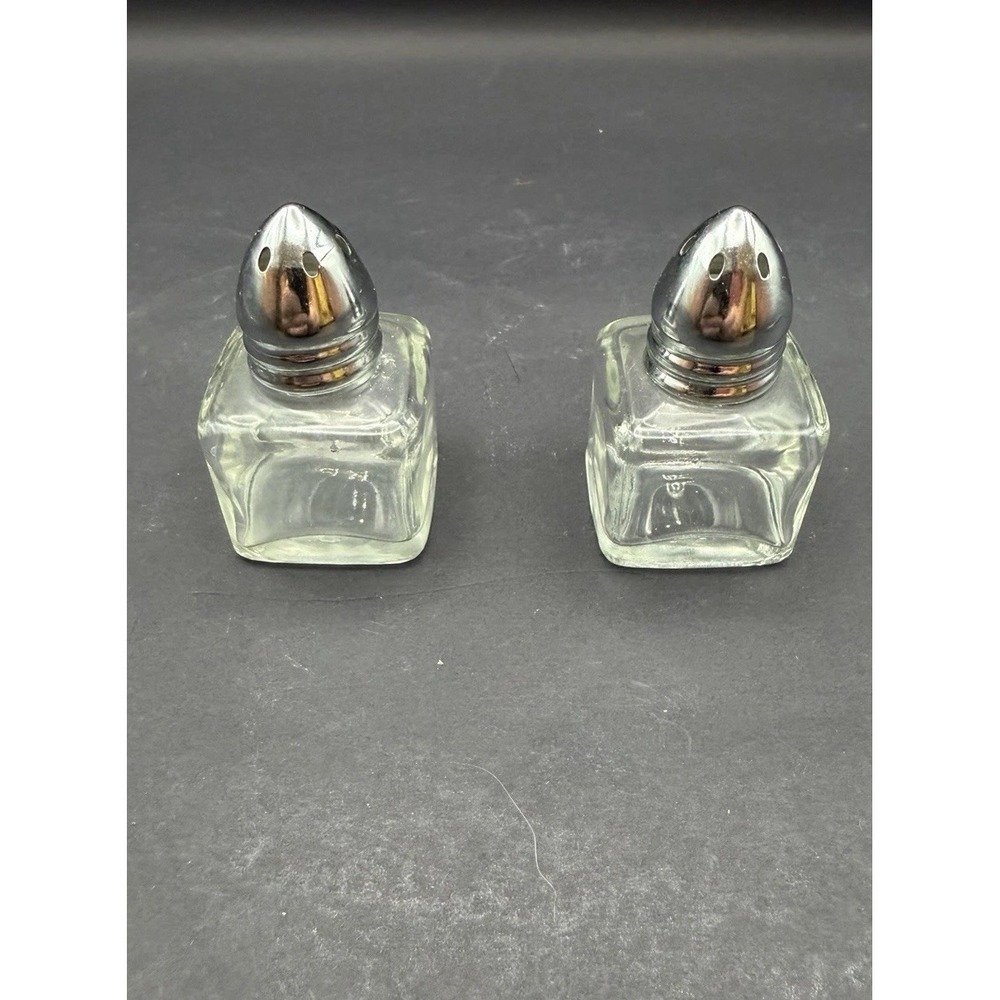 Vintage Clear Glass Salt & Pepper Shakers Square Bottles Chrome Bullet Tops RP
